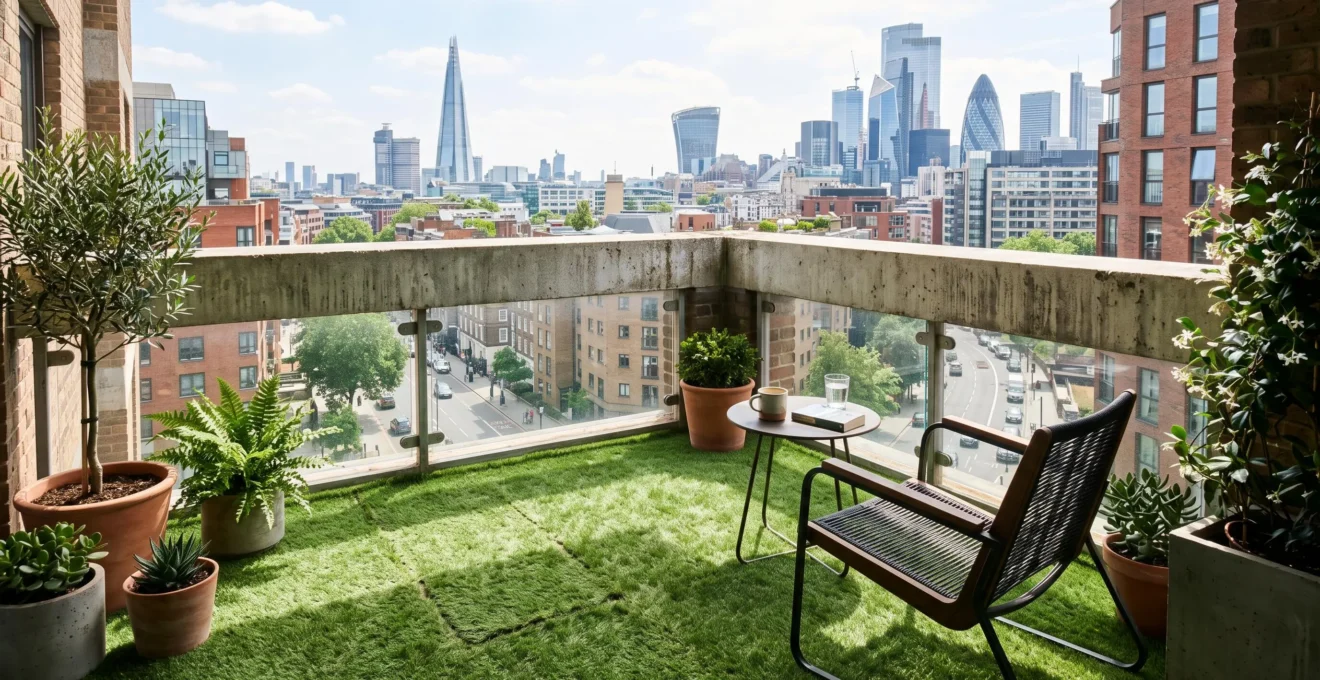 Balcon en gazon artificiel, transformé en jardin urbain vert et accueillant.