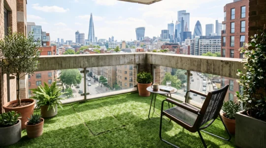 Balcon en gazon artificiel, transformé en jardin urbain vert et accueillant.